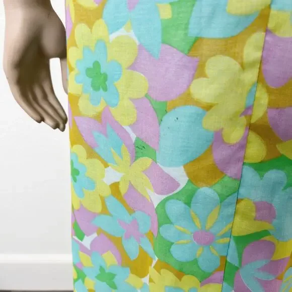 [Vintage] 60s 70s Cream Mock Neck Groovy Floral Print Bow Maxi Dress Sz Medium M - Picture 9 of 12